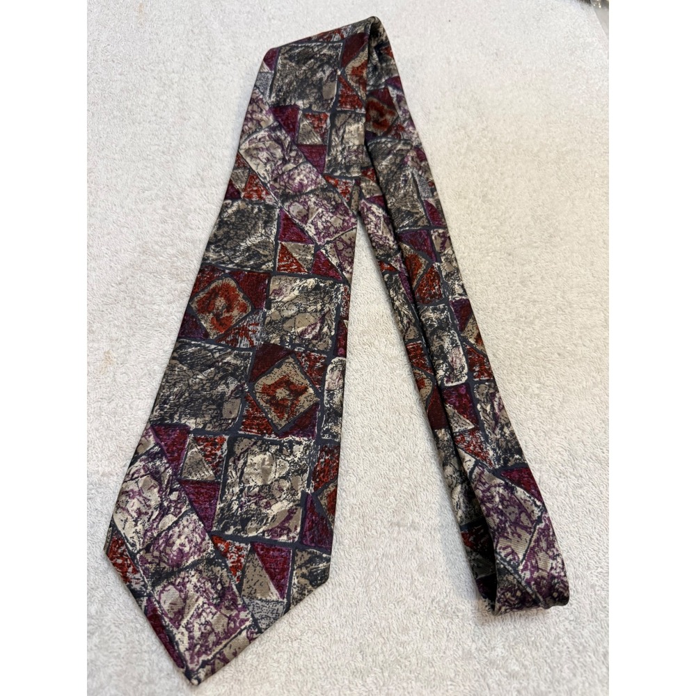 Liberty of London Silk Tie Geometric Mosaic Burgundy Grey Abstract RN 30187